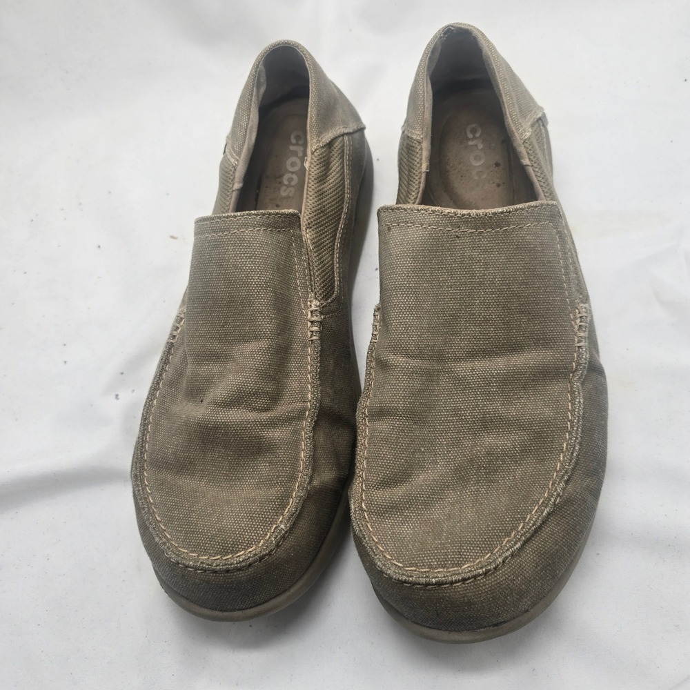 Crocs Santa Cruz Canvas Slip On Loafers Men 12 Khaki Tan Casual Comfort Shoes